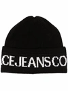 VERSACE JEANS COUTURE BLACK AND WHITE WOOL-BLEND BEANIE,71YAZK40ZG020 L01