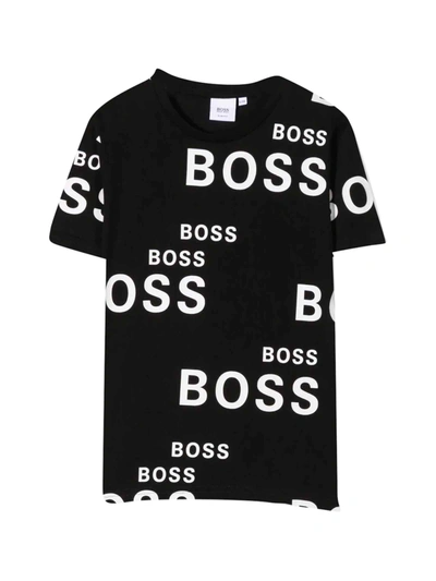 Hugo Boss Kids' Black T-shirt With White Print In Nero