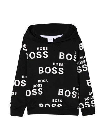 Hugo Boss Kids' Black Sweatshirt With White Print And Hood In Nero