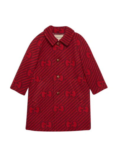 Gucci Kids' Red Coat With Logo And Stripes, Long Sleeve, Classic Collar And Frontal Closure