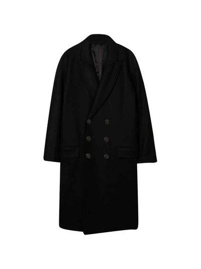 Balmain Teen Black Double-breasted Coat In Nero