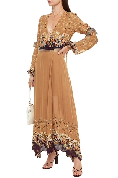 Etro Bead-embellished Floral-print Silk Crepe De Chine Maxi Wrap Dress In Camel