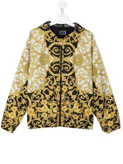 Versace Teen Barocco-print Hooded Jacket In Yellow