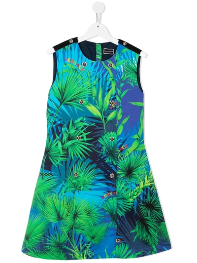 Versace Teen Tropical-print Flared Dress In Blue