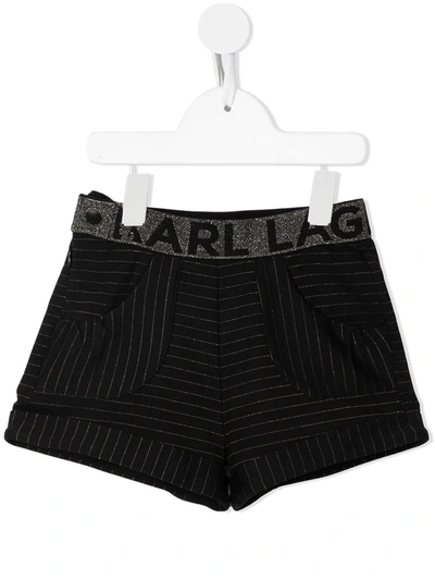 Karl Lagerfeld Kids' Waist-logo Pinstriped Shorts In Black