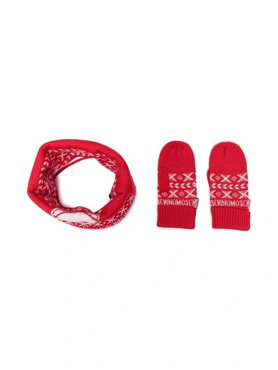 Moschino Babies' Logo-print Gloves And Scarf Set In Red