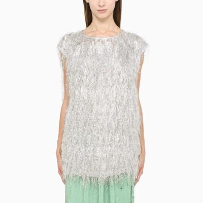 Dries Van Noten Silver Fringed Lamé Top In Metal