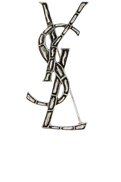 Saint Laurent Opyum Crocodile-effect Monogram Brooch In Silver