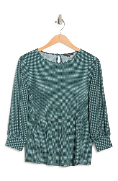 Adrianna Papell 3/4 Sleeve Pleated Moss Crepe Top In Evergreen/ Ivory Small Dot