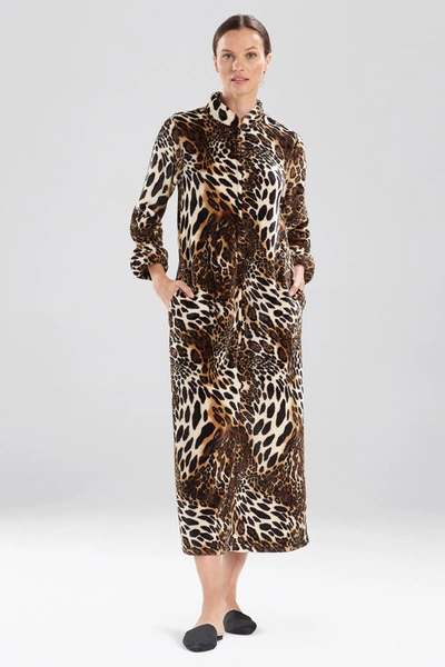 Natori Soft Plush Velour Leopard Zip Caftan Dress With Pockets With Side Pockets In Black