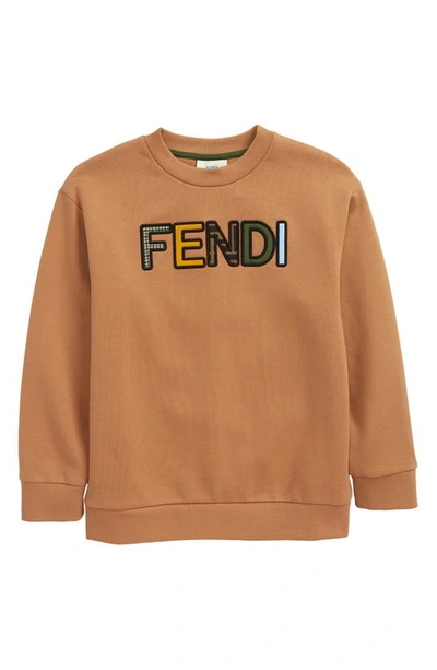 Fendi Kids' Multicolor Logo Appliqué Cotton Sweatshirt In Camel