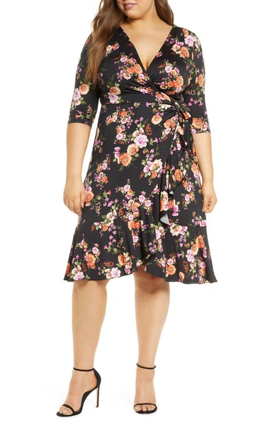 Kiyonna Flirty Flounce Wrap Dress In Polka Dot Blooms