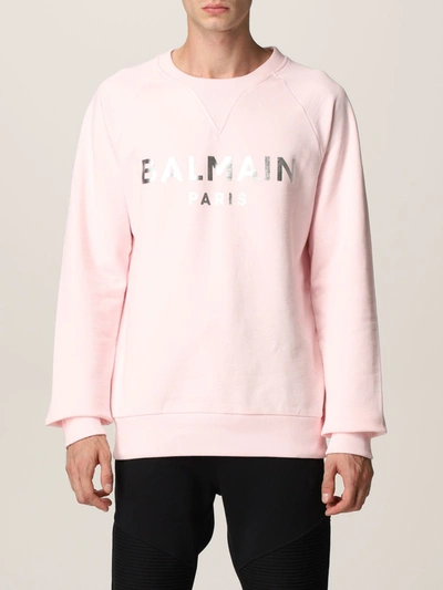 Balmain Cotton Sweatshirt With Laminated Logo In Pink