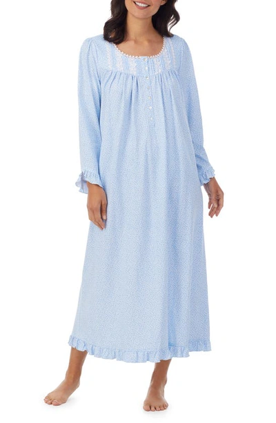 Eileen West Long Sleeve Cotton Jersey Nightgown In Aqua Print