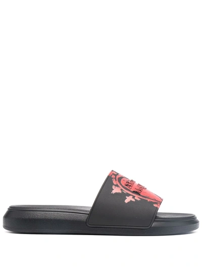 Alexander Mcqueen Men's Heart-print Logo Pool Slide Sandals In Black