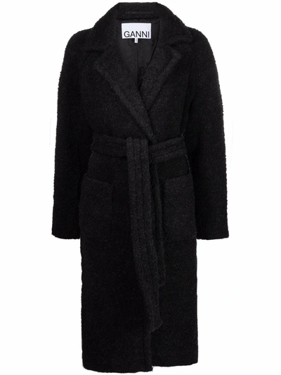 Ganni Belted Wool-blend Bouclé Coat In Charcoal