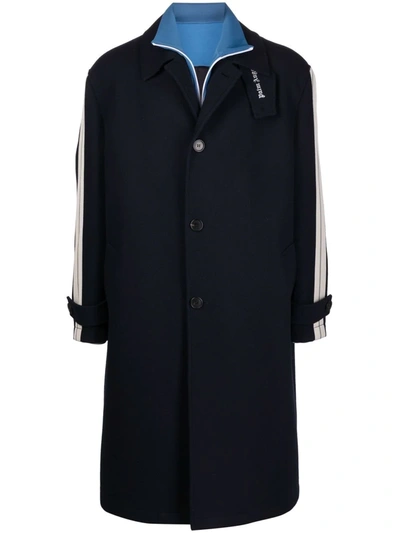 Palm Angels Side-stripe Single-breasted Coat In Black Blue