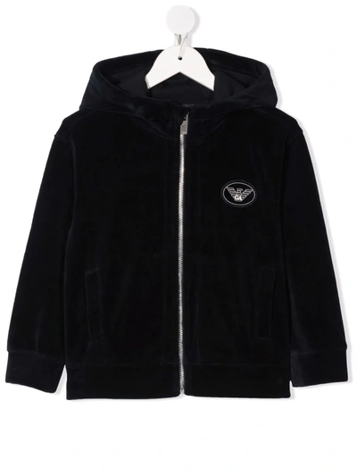Emporio Armani Kids' Velour Hooded Jacket In 蓝色