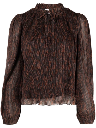 Ganni Long Sleeve Floral Print Pleated Georgette Blouse In French Roast
