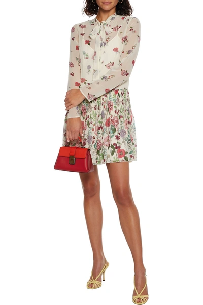 Red Valentino Pussy-bow Floral-print Plissé-chiffon Mini Dress In Ecru