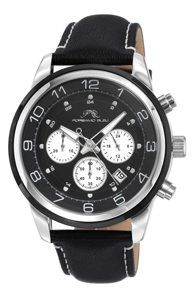 Porsamo Bleu Arthur Chronograph Leather Strap Watch, 44mm In Black