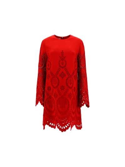 Valentino San Gallo Edition Eyelet Long Sleeve Wool & Silk Crepe Minidress In Red