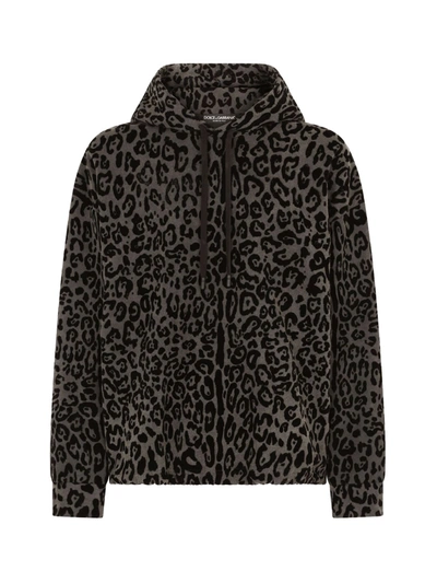 Dolce & Gabbana Black Leopard Print Drawstring Hoodie In Multicolore