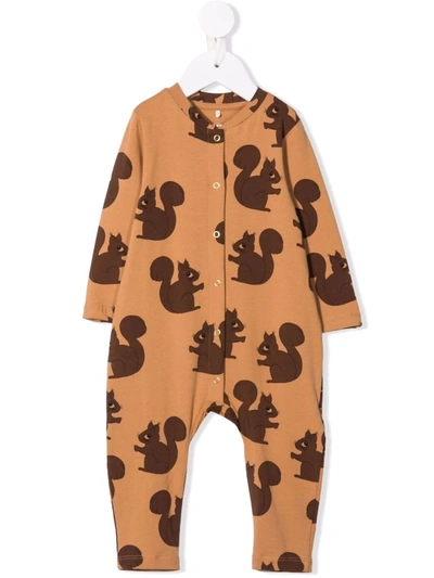 Mini Rodini Babies' Long-sleeved Squirrel Print Romper In Brown