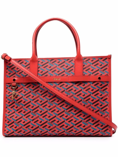Versace Women's La Greca Logo Leather & Coated Canvas Tote In Red
