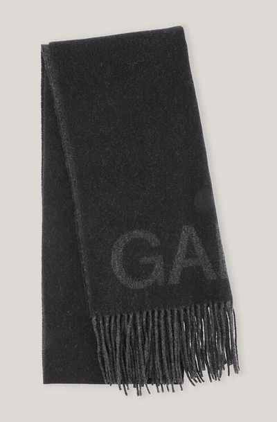 Ganni Fringed Wool Scarf In Black