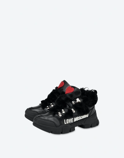 Love Moschino Calfskin And Nylon Trekking Sneakers In Black