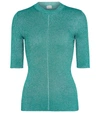 Saint Laurent Turquoise Blue Short-sleeved Metallic Knit Top In Green