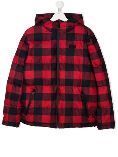 Mc2 Saint Barth Teen Checked Hooded Down Jacket In Rossa