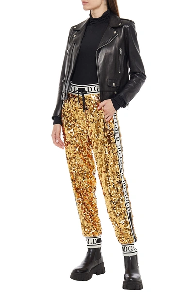 Dolce & Gabbana Sequined Mesh Track Pants In Gold