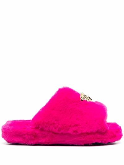Versace Logomania Fuzzy Open-toe Slippers In Pink