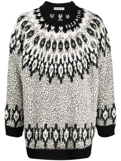 Valentino Crew Neck Wool Jumper  With Animal Print And Embroidery In White