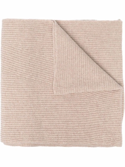 Ganni Ribbed-knit Wool-blend Scarf In Neutrals
