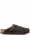 Birkenstock Boston Shearling-trimmed Suede Slippers In Brown