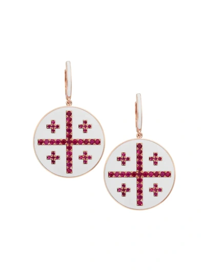 Ileana Makri Women's Liberty 18k Rose Gold, Enamel & Ruby Jerusalem Cross Drop Earrings