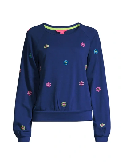 Lilly Pulitzer Landyn Embroidered Sweatshirt In Oyster Bay Navy Ditsy Daisy Embroidery