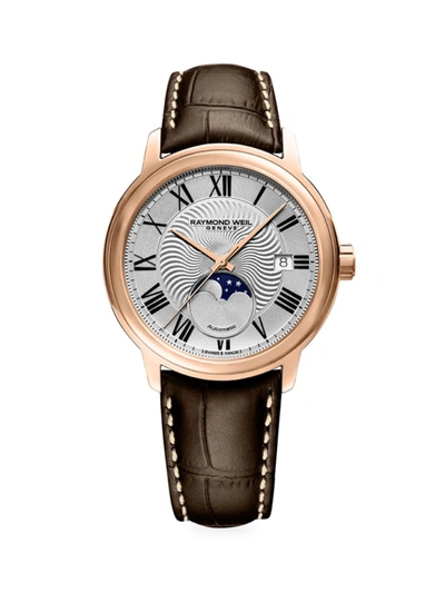 Raymond Weil Maestro Moonphase Rose Gold Leather-strap Watch In Silver/brown