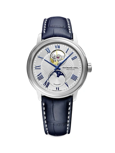 Raymond Weil Maestro Moonphase Navy Leather-strap Watch In Blue / Silver