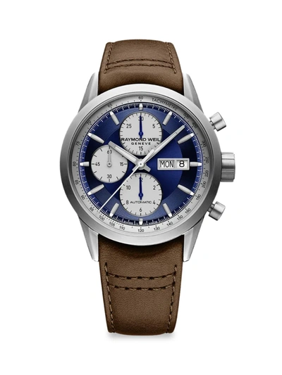 Raymond Weil Freelancer Chronograph Leather-strap Automatic Watch In Blue