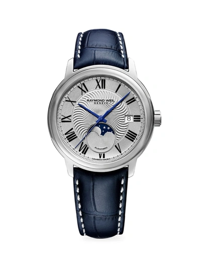 Raymond Weil Maestro Maestro Moonphase Leather-strap Watch In Silver/blue