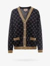 Gucci Womens Blue/gold Monogram-pattern Ribbed-trim Cotton-blend Knitted Cardigan In Black