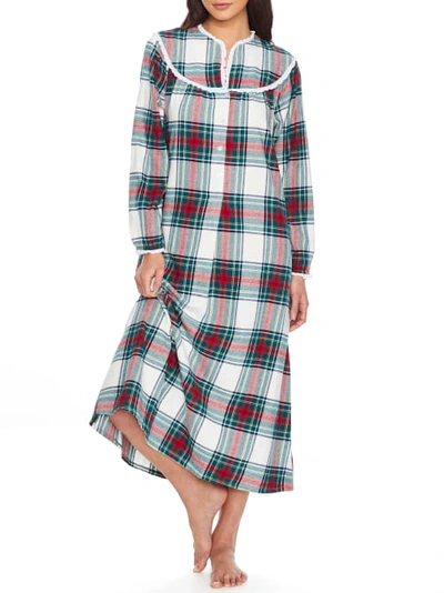 Lanz Of Salzburg Tyrolean Flannel Nightgown In White,green Plaid
