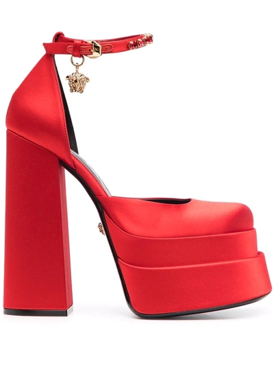 Versace 155mm La Medusa Platform Satin Mary Janes In Red