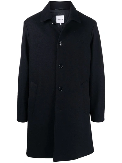 Aspesi Single-breasted Blue Wool Coat In Azul Oscuro