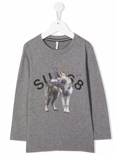 Sun 68 Kids' Wolf-print Long-sleeve T-shirt In 灰色