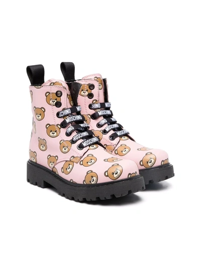 Moschino Kids' Teddy-print Leather Boots In Pink